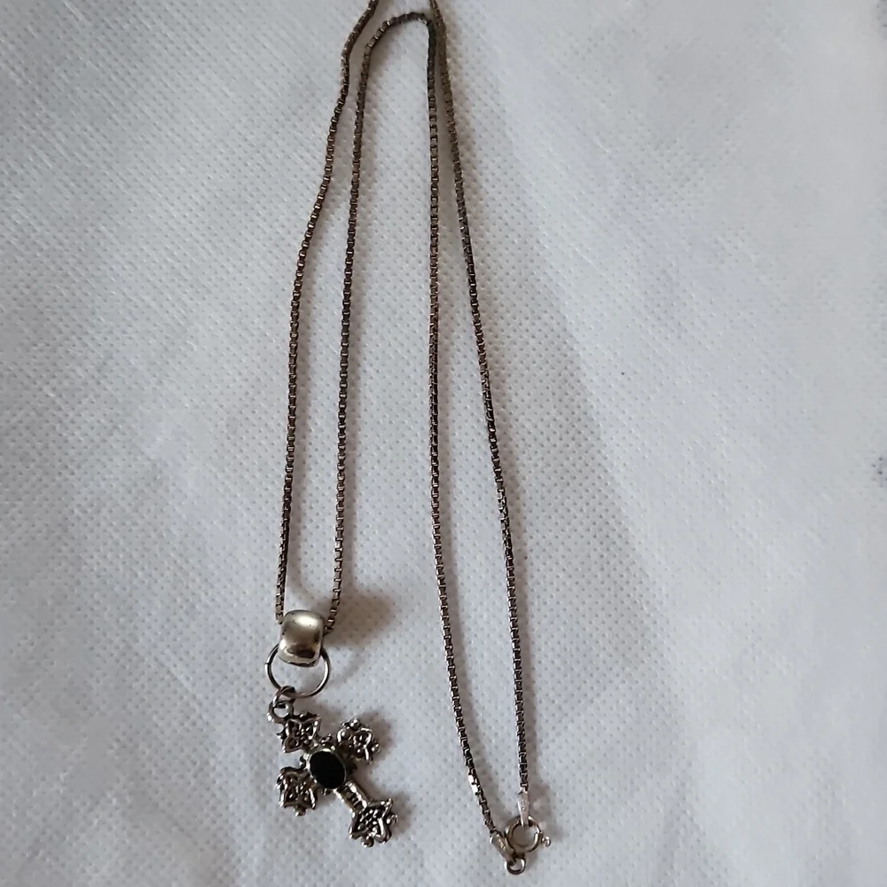 925 Silver Chain Necklace & Gothic Silver Cross With Black Gemstone, Vintage 90s